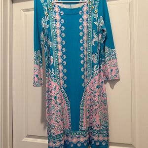 Elegant Blue and Pink Patterned Dress